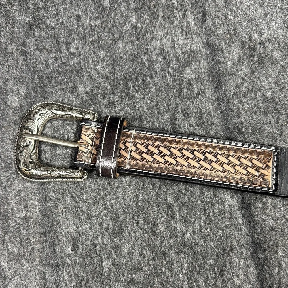Black and Tan Woven Leather Belt with Silver Buckle
